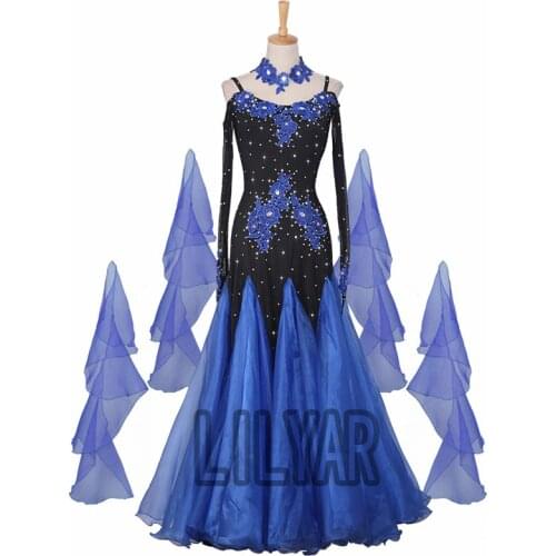 Ballroom Dance Dress Standard Skirt Competition Dress Costumes Performing Dress Customize Adult Children Blue Embroidered Black