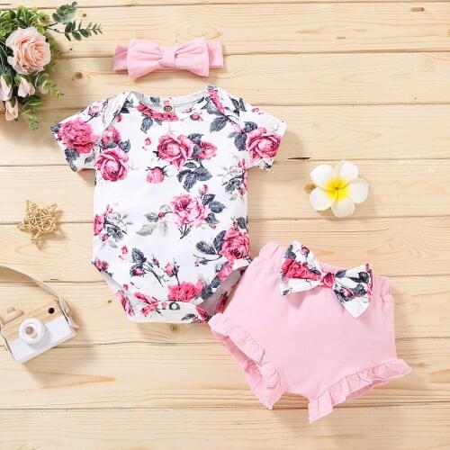 BibiCola Newborn Girls Summer Romper Suit Infant Clothes Sets Short Sleeve Bodysuits + Elastic Shorts+ Headband 3PCs Outfits