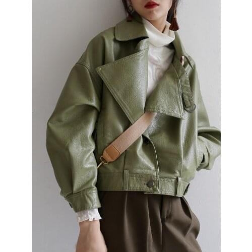 Spring Autumn Women Leather Clothes Black Green white PU leather Jacket Irregular Coat Loose Locomotive Clothing Outwear 2021