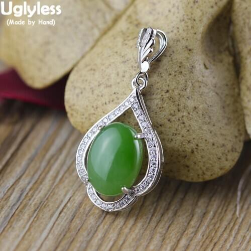 Uglyless Elegant Lady Water Drop Green Jade Jasper Pendants for Women Hollow Evening Dress Necklaces NO Chains 925 Silver P965