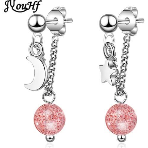 JYouHF Classic Moon Star Earrings for Women Female Korean Style Pink Crystal Stone Pendant Chain Earrings Party Fashion Jewelry