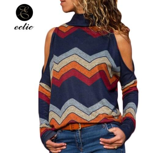 Colorful Striped Shirt Vetement Femme 2021 Fashion Retro Tshirt Bare Shoulders Turtle Neck Shirt Women Extra Long Sleeve