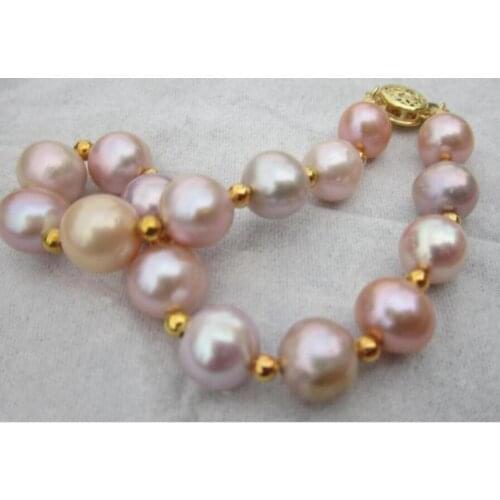 Fashion jewelry 9-10MM NATURAL SOUTH SEA PINK PURPLE PEARL BRACELET 14K/20 GOLD