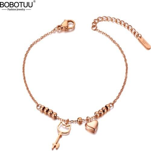 BOBOTUU Trendy Rose Gold Stainless Steel Love Heart Cat Charm Bracelets For Women Bohemia CZ Crystal Chain Bracelet BB20034