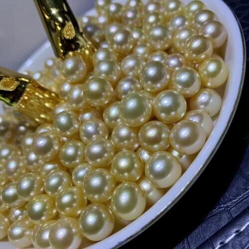 Real Natural South Sea Pearls, Loose Gold Color Pearls, 9-10MM Big Size Round Pearls, 2PCS/LOT