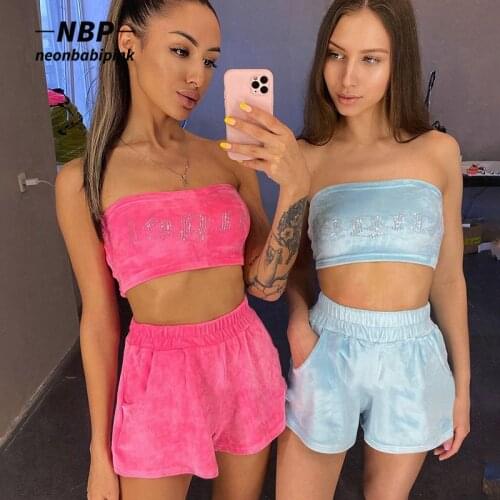 NEONBABIPINK Angel Rhinestones Pink Velvet Tracksuit Sexy Two Piece Set Tube Top Shorts Loungewear Women Y2k Clothes N70-CE26