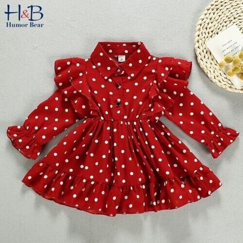 Humor Bear New ChildrenS Clothing 2020 Long-Sleeved Polka Dot Dress Lapel Spring Autumn Korean Baby Kids Princess Party Dress