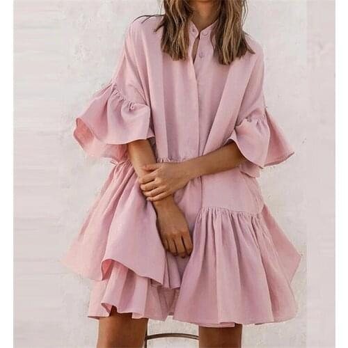 Elegant Pink Ruffle Women Dresses Summer 2021 Boho Short Loose Chiffon Dresses Vintage Butterfly Sleeve Dress Vestido De Mujer