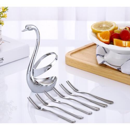YUJIE Exquisite Swan Rack and 6pc Fruit Forks Party Decorations Tableware Stainless Steel Forks for Cake Dessert Gift Set