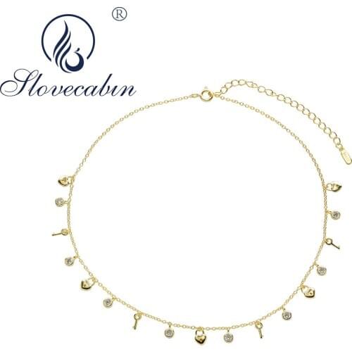 SloveCabin Authentic 925 Sterling Silver Lock Key Pendant Choker Necklaces For Women Wedding Silver Fine Jewelry