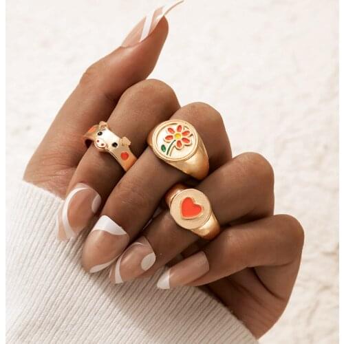 Tocona 3pcs/sets Colorful Flowers Pig Cute Ring Sets for Women Chrams Heart Gold Alloy Metal Party Jewelry Wholesale 19909