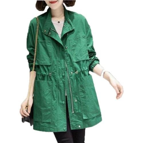 Womens Trench Coat New Spring Autumn Outerwear Korean Oversized Loose Trench Mid-Length Pocket Zipper Casual Coat Female W575