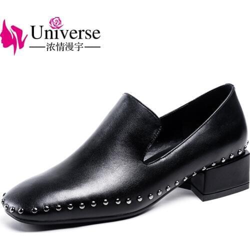 Mules Genuine Leather Pumps Women Shoes 2019 High Heel Universe Spring/Autumn Black Casual Square Toe Med Heels 3.5cm Pumps J025
