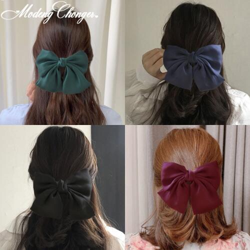 Temperament Solid Color Chiffon Ribbon Big Large Barrette Bow Hairpin For Women Girls Satin Trendy Hair Clips Hair Accessories