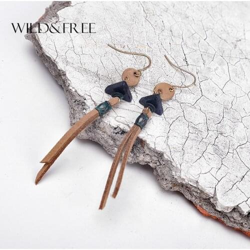 Women Vintage Brown Suede Dangle Earrings Blue Triangle Natural Stone Drop Earrings Jewelry For Women Christmas Gift