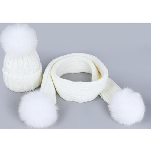 Autumn Winter Children Adult Lady Fox Fur Pompom Women Knitted Hat Cap Scarf Set Baby Kid Soild Crochet Big Pompon Hats Caps