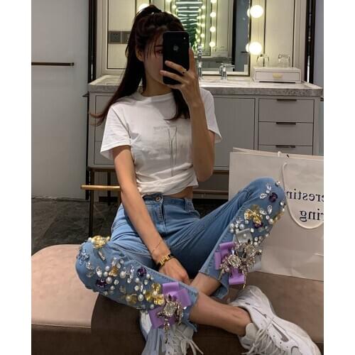 Embroidered Flares Womens Diamond Denim Jeans Women Bling Hole Fashion Beaded Skinny Slim Fit Stretch Pencil Pants