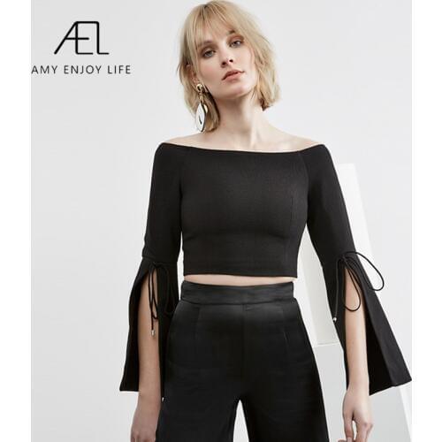 AEL summer boat neck top women long split sleeve laces up Crop elegant slim Tight tops stretch blouse