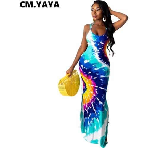 CM.YAYA Women Long Dress Print Sleeveless Strap V-neck Splited Strechy Bodycon Maxi Dresses Sexy Fashion Vestidos Summer Outfit