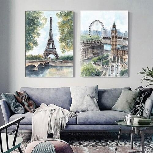 Famous Paris Building Canvas Poster Watercolor Nordic Style Street Viewsacpe Wall Art Print Decorative Picture Decor No Frame