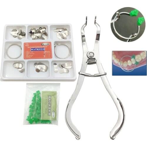 1 Set Dental Matrix Sectional Contoured Matrices + 40 Pcs Silicone Add-On Wedges with Pliers Dentist Tools