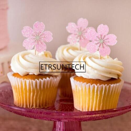 100sets Pink Cherry Blossoms Cupcake Toppers Girl Birthday Party Decorations Kids Sakura Cake Supplies Accessories Flower