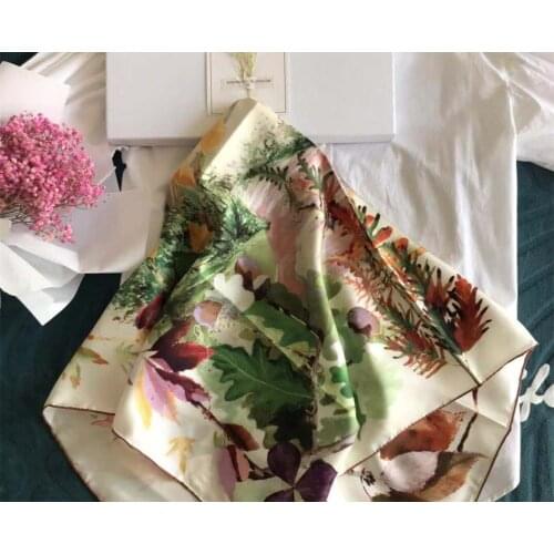 2021 new arrival autumn spring flower white 100% pure silk scarf twill hand made roll 90*90 cm shawl wrap for women lady