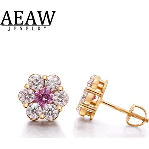 AEAW Real 14K Yellow Gold Fine Earring Side Stone Moissanite Stud Main Lab Ruby Screw Back for Lady Gift Lovely