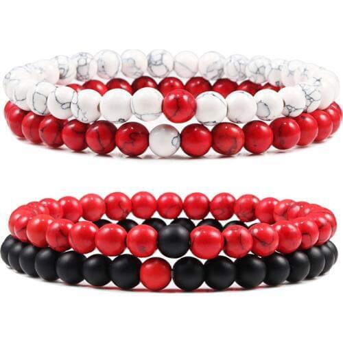 Couple Distance Bracelet Red Turquoises Black Matte Natural Stone Men Bangle 6mm Elastic Rope Beaded Bracelets for Women Jewelry