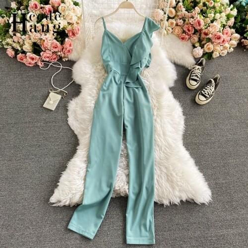HangCode Ins Fashion Ruffled Holiday Jumpsuits 2021 Summer V-neck Elegant Long Overalls Ladies Beach Pants
