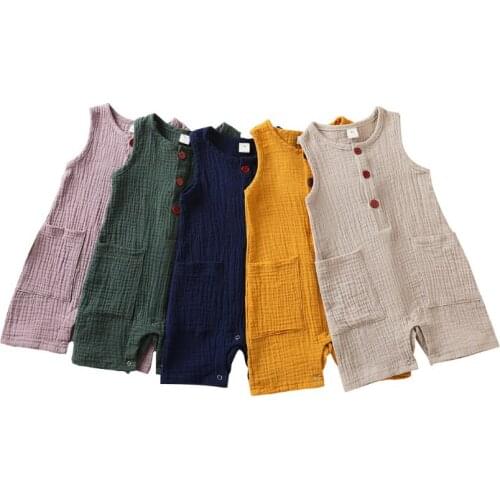 Newborn Baby Romper 2021 New Summer Sleeveless Soft Linen Solid 5 Clours Infant Baby Boy Girl Jumpsuit Baby Clothes Outfit 0-24M