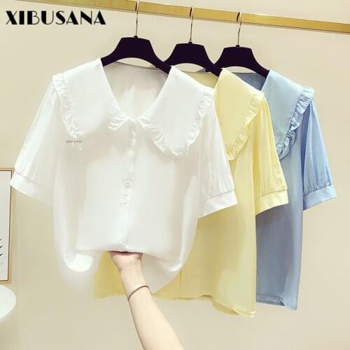 Summer Sweet College Style Elegant Doll Collar Chiffon Tops Women Short Sleeve Solid Blouse Female Single-breasted Loose Blousas