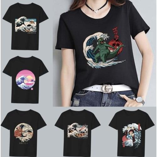 Summer Fashion Womens All-match T-shirt Anime Blue Wave Printing Series Shirt O-neck Comfortable Slim Soft Black Ladies Top