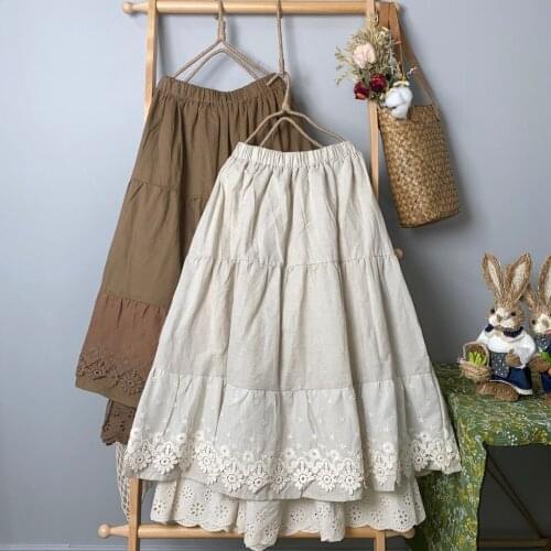 2021 Early Spring New Literary All-Match Skirt Japanese Mori Female Linen Stitching Double-Layer Hollow Stitching A-Line Skirt