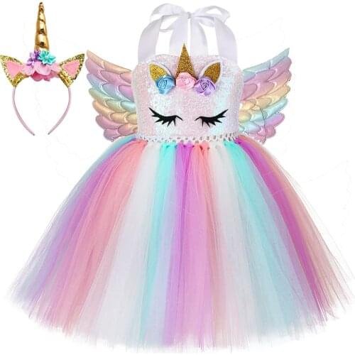 Pastel Sequins Girls Unicorn Dress with Wings Headband Outfit Toddler Baby Girl Unicorns Costumes for Halloween Birthday Dresses