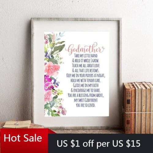 Godparents Poem Print Gift for Godmother Bible Verses Flowers Wall Art Picture Canvas Painting Poster Baptism Gifts Home Room De