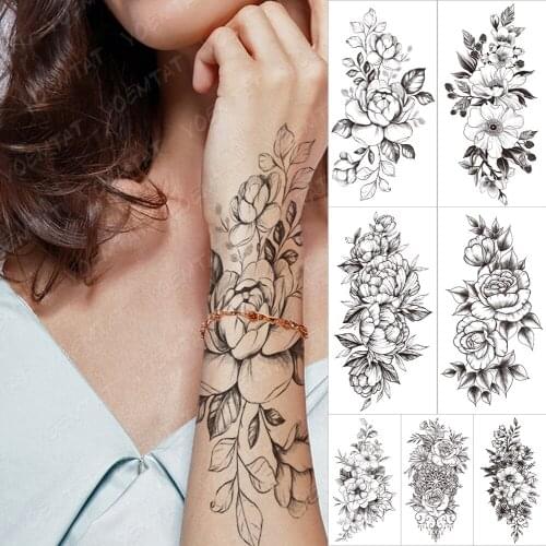 Sexy Black Mandala Flower Temporary Tattoos For Women Girls Henna Tatoos Paper Fake Jewelry String Snake Flower Tattoo For Party