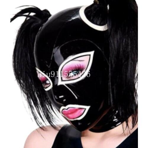 Sexy Exotic Latex Hood Mask with Open Big Eyes Back Zip Fetish Hood Mask with Hair Holes for Face Women Men