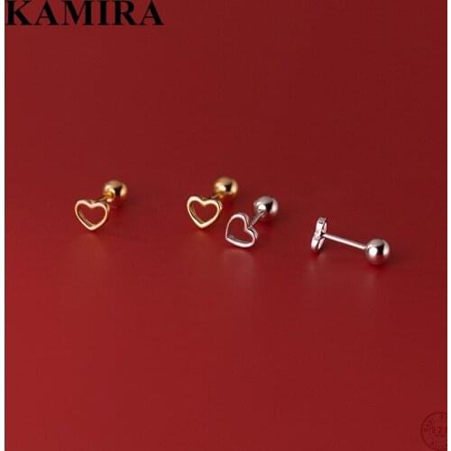 KAMIRA Real 925 Sterling Silver Korean Minimalism Hollow Love Heart Spiral Bead Stud Earrings for Women Party Sweet Cute Jewelry