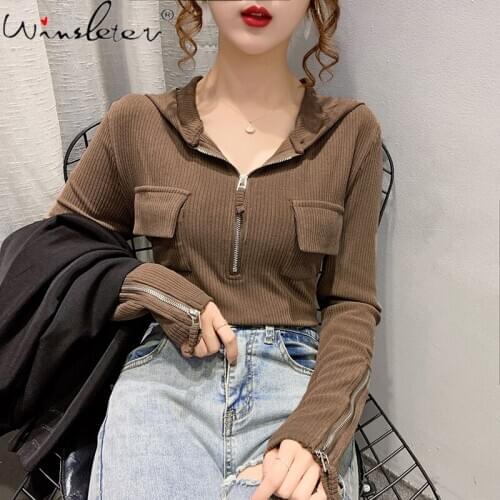 Fall Winter European Clothes T-Shirt Girl Hooded Zipper Casual Loose Women Tops Pullover Pockets Cotton Tees 2021 T11304A