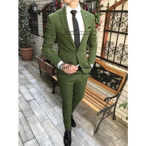 New Arrival Groomsmen Olive Green Groom Tuxedos Peak Lapel Men Suits 2 Pieces Wedding Best Man ( Jacket+Pants ) costume homme