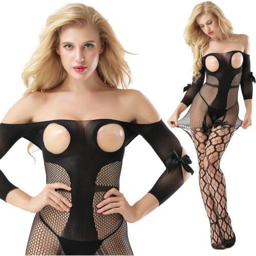 Candiway Sexy fishnet bodystocking open cup underwear bow woman open crotch tight erotic transparent teddy hollow mesh sleeve