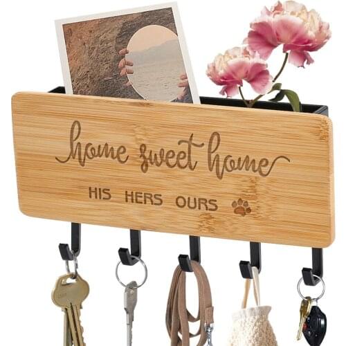 Key Rack Home Sweet Home Engraved Bamboo Wooden Hanger Home Wall Hallway Bedroom Door Back Decorative Wall Storage Hanger
