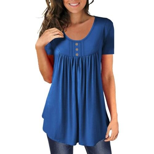 Womens Casual Round Neck Pleated Blouse Button Stitching Soild Color Blouse Short-sleeved Top Осень 2021 Одежда Женская #PY