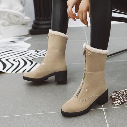 Lady Fashion Two Ways to Wear Zipper Mid Calf Boots Fall Winter Warm Womens Shoes Comfortable Square Heel Round Toe Short Boots
