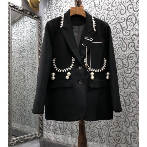 Top Quality Womens Blazer 2021 Autumn Winter Outerwear Coat Woman Hand Made Beading Pocket Deco Long Sleeve Grey Black Blazers