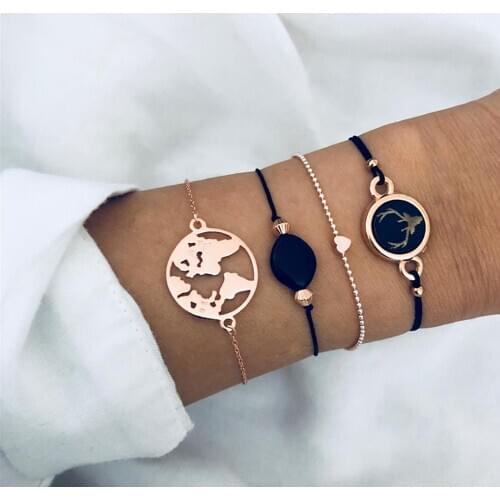 4 Piece Bohemia Boho Women Girl Lady Female Gold Color Chain World Map Charm Bracelet, Black Bead Bracelet, Deer Head Bracelet