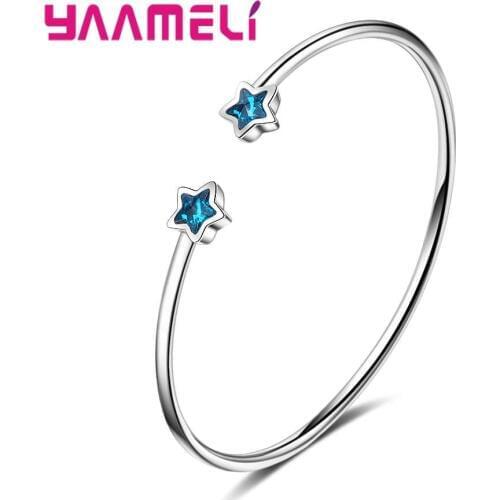 Real 925 Sterling Silver Lovely Star Shape Design Hard Cubic Zirconia Stone Bangles Crystal Jewelry For Women Ladies