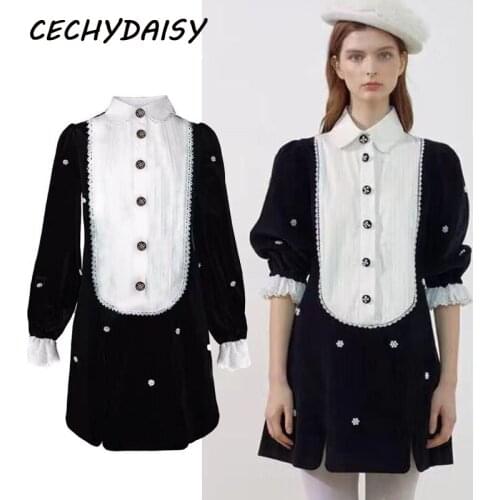 Designer Runway Dress Women Autumn Spring Mini Dress Black Elegant Lace Patchwork Buttons Velvet Vintage Dress Za 2019 Vestidos