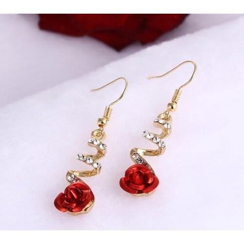 1 Pair Womens Red Rose Flower Crystal Studs Earrings Girls Elegant Rose Flower Heart Ear High Quality Jewelry Gift Accessories